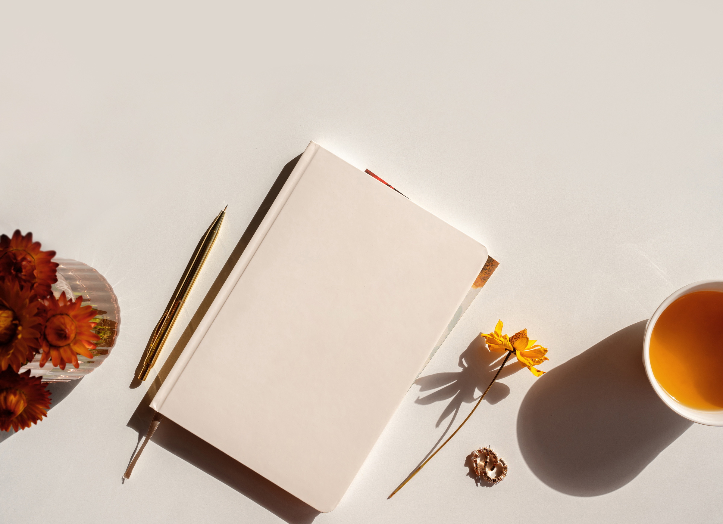 Styled notebook or journal flat lay with copy space, fall aesthetic background